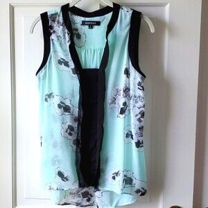 ELLEN TRACY MINT GREEN BLACK WHITE GRAY SHEER FLORAL TOP FLOWY SZ SMALL CONTRAST